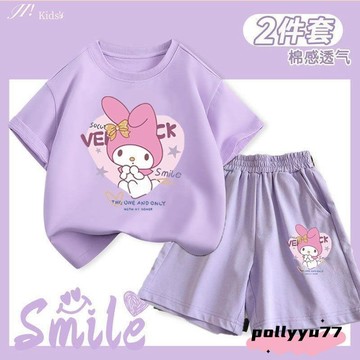 桃園出貨 2024新款美樂蒂衣服兩件套潮庫洛米兒童夏季短袖套裝女童短褲夏裝旗艦品質Ki