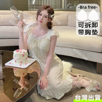 【M-5XL】夏季飛飛袖花邊睡裙女 中長款 帶胸墊 可外穿家居服 寬鬆舒適 甜美少女連衣裙 女生睡衣 大尺碼家居服套裝
