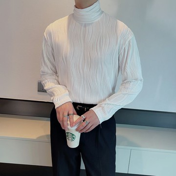 簡約港風薄款設計感百褶長袖T恤男寬鬆內搭上衣男