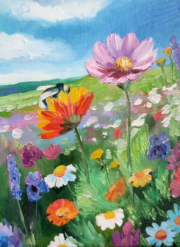 野花油畫 花園 小幅藝術品 蜜蜂畫作 風景畫