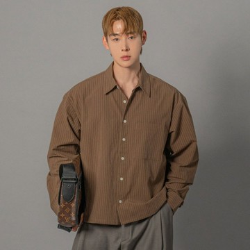 正韓純棉堅挺條紋短版單口袋長袖襯衫 4色 YUPPIE 預購商品 0427