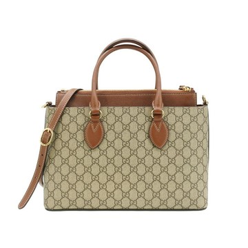 Gucci 展示品 GG Supreme 帆布拉鍊夾層拼接托特兩用包(779768-咖)