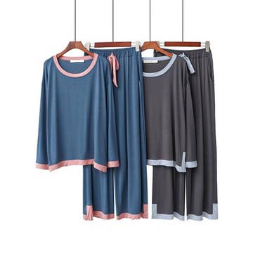 睡衣女秋 休閑莫代爾圓領套頭彈力長褲長袖家居服春秋套裝大碼