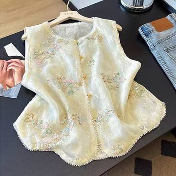 柚里 新中式重工刺繡釘珠馬甲溫柔風氣質疊穿無袖背心國風精緻提花上衣
