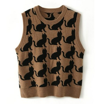 現貨+預購 羊毛背心針織衫-保暖撞色貓咪圓領馬甲女上衣2色74hb29【獨家進口】【米蘭精品】