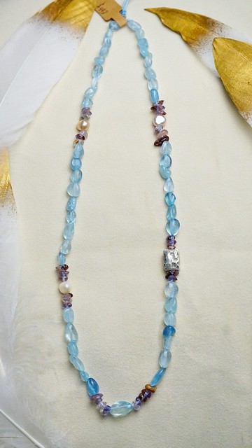 設計款純手工製作海藍寶純銀毛衣長鏈  可調節長短