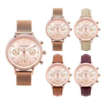 【THEODORA'S】Apollo 中性三眼真皮/金屬腕錶[小錶面] 三眼粉膚【希奧朵拉】