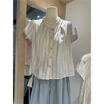 韓國東大門2025年夏季新款韓版寬松圓領排扣通勤休閑百搭條紋上衣