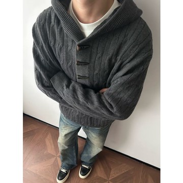 重磅半小外套寬鬆針織衫上衣男秋冬短版百搭休閒連帽毛衣男
