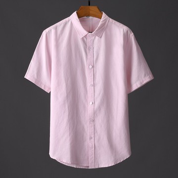 2020夏純色休閑亞麻短袖男士襯衫涼爽透氣青年棉麻麻料男裝襯衣E
