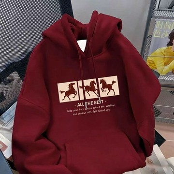 【台灣出貨】銀狐絨新款三馬奔騰印花連帽衛衣秋冬季寬鬆百搭休閒學生上衣外套薄款帽t男