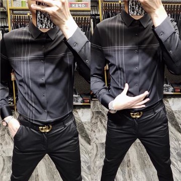 539春季新款長袖襯衣彈力舒適百搭條紋潮流時尚商務休閑襯衫男士