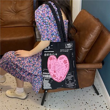 布依布饒包袋/丘比特涂鴉撞色單肩包 日系學生百搭女帆布包袋原創