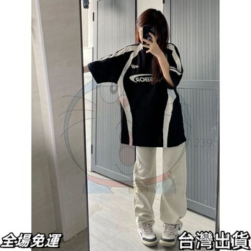 現.貨 美式複古高街印花短袖夏季寬鬆情侶休閒撞色拚接半袖賽車上衣T恤AA