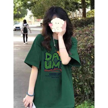 美式復古墨綠色純棉短袖t恤女學生夏季ins潮牌大碼女裝寬松上衣潮