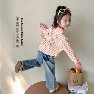 Healthy baby 女童長袖T恤春秋新款中小童條紋打底衫兒童時髦體恤上衣可愛 女童長袖 女童T恤 兒童長袖