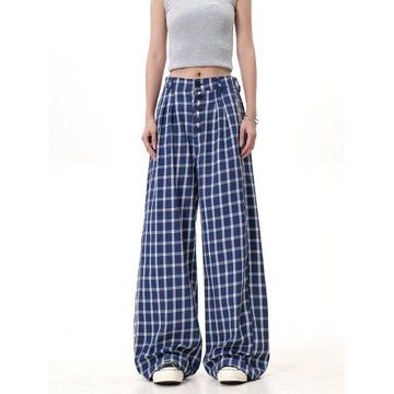 (免運)復古格子休閑褲男女寬松慵懶風闊腿直筒排扣設計拖地褲趙露思同款