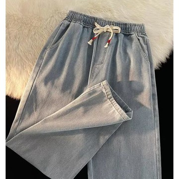 系繩直筒牛仔褲男潮牌秋季寬松休閑褲潮流港風復古闊腿長褲子