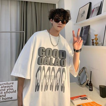 男生短袖t恤設計感發泡印花重磅上衣夏季五分袖體恤潮牌寬松半袖