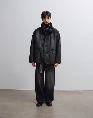 vintage復古 翻領皮毛一體夾克外套