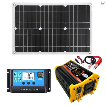 太陽能系統組合逆變器控制器太陽能板 12V轉110V充放電  逆變器+太陽能板+太陽能控制器套裝 黑色