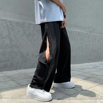 條紋排扣九分褲男潮牌炸街直筒夏季嘻哈原宿風束腳抽繩休閑闊腿褲