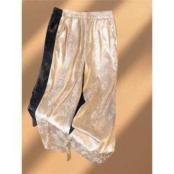 新中式國風真絲提花休閑褲女高腰垂感闊腿褲百搭桑蠶絲直筒長褲夏