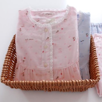 女士春秋全棉雙層紗布長袖短袖睡衣休閑家居清新圓領長褲家居服