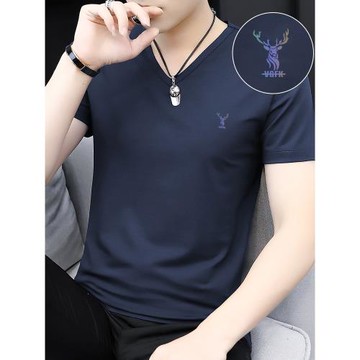 莫代爾短袖t恤男裝V領夏季冰絲冰感上衣服潮流鹿頭半袖打底衫體恤