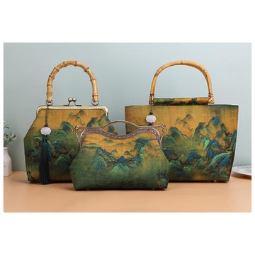 意心手工包江山圖手工布藝包唇形口金包手提包竹子提手手工成品