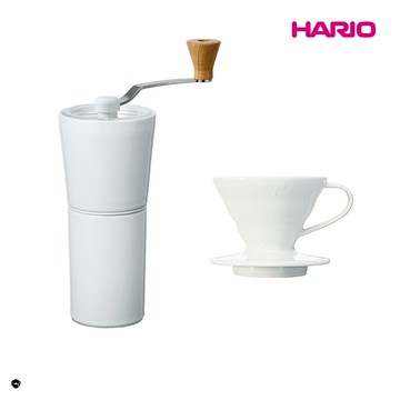 HARIO 純白系列 V60 簡約磁石手搖磨豆機-白色 + V60白色01/02磁石濾杯
