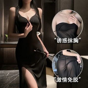 【臺灣出貨】2026大碼性感網紗透視情調睡裙 新款誘惑抹胸吊帶裙 修身顯瘦開叉黑色連衣裙