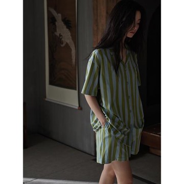 (免運)同語新款睡衣女款夏季莫代爾棉短袖條紋套裝涼感家居服可外穿夏天