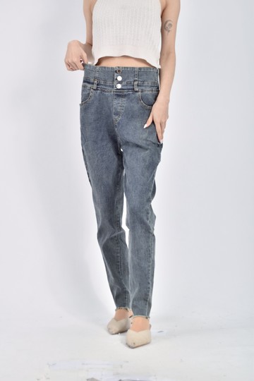 加購優惠(L) wy jeans fashion高腰質感丹寧牛仔鬆緊腰藍色長褲