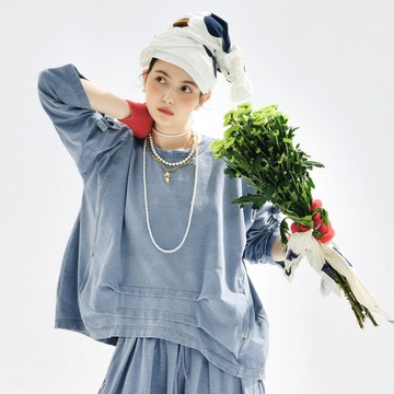 灰藍復古蝴蝶結水洗牛仔上衣