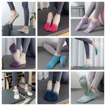 左右襪業 漸變色精梳棉五指瑜伽襪女健身普拉提襪春夏薄款鏤空吸汗運動襪點膠防滑五趾襪吸汗透氣抗菌防臭新疆長絨棉襪現貨精品