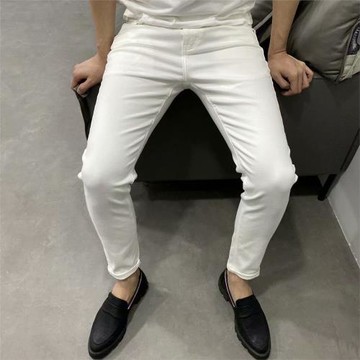 白色牛仔褲男秋季簡約修身小腳韓版九分褲社會人潮牌男士休閑褲子