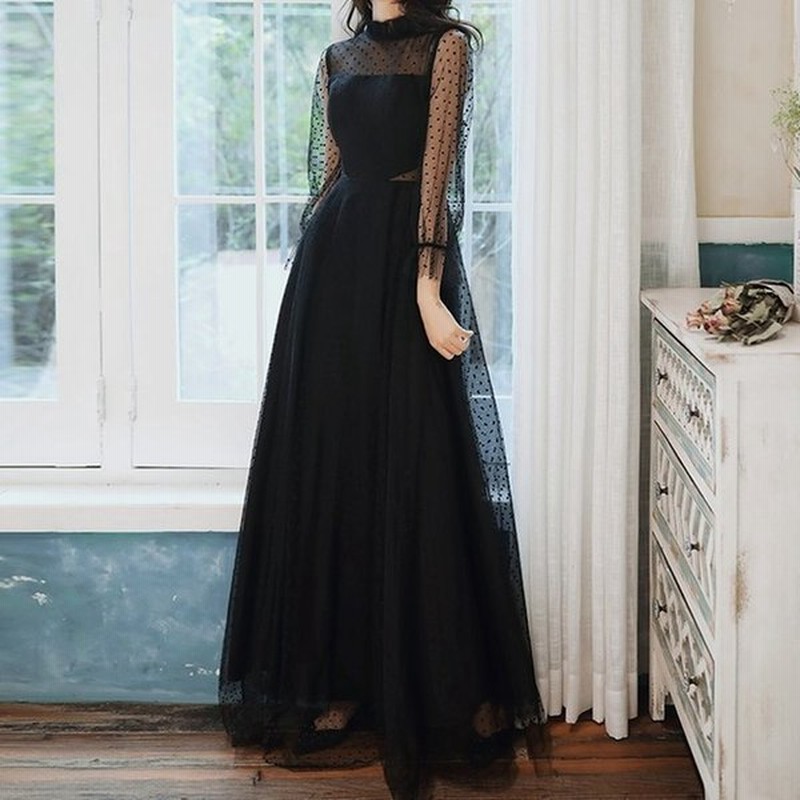 パーティードレス ロング 袖あり パーティドレス 長袖 シースルー 大きいサイズ 秋冬 ロングドレス 結婚式 ドット レース フリル ハイネック シフォン フレア 通販 Lineポイント最大0 5 Get Lineショッピング