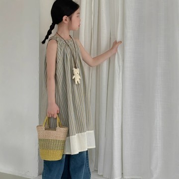 夏季新品上新   童裙  夏款女寶寶韓版直條紋洋裝兒童中長款無袖背心裙