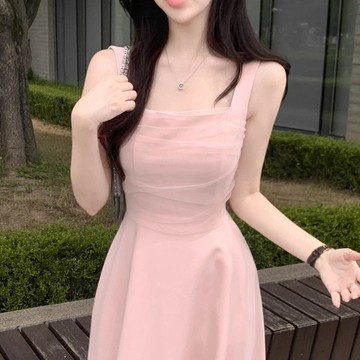 【小歡喜Little Joy】韓國chic溫柔風網紗褶皺拼接繫帶收腰顯瘦背心連衣裙