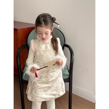 女童毛絨拼接洋氣新中式改良旗袍裙兒童寶寶唐裝冬加厚保暖拜年服