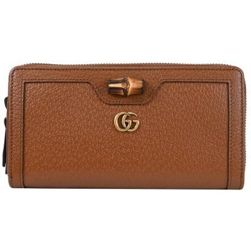 GUCCI Diana GG 經典竹節飾扣金屬GG LOGO荔枝皮革ㄇ字拉鍊零錢包(咖)