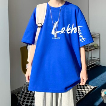 短袖t恤男士夏季克萊因藍色寬松純棉重磅青少年衣服潮牌新款半袖