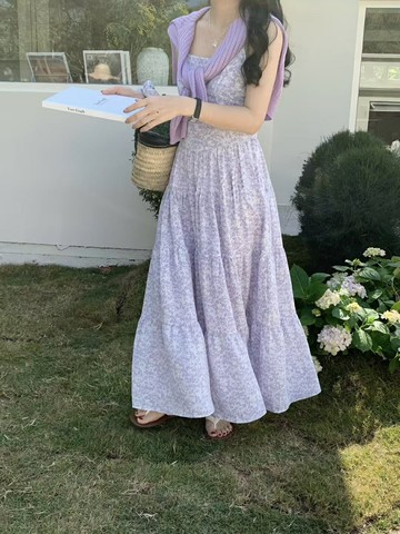 碎花吊帶裙附髮圈