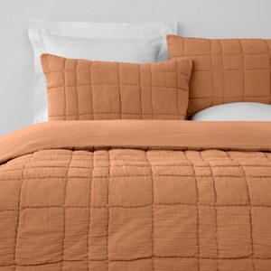 奧可利雙層皺皺紗绗縫純棉床包兩用被組雙人 格子橘