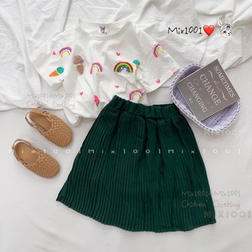 🌈✨mix1001 墨綠飄逸感百褶裙✨兒童過膝裙 5-17