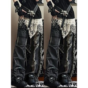 y2k亞文化穿搭破洞牛仔褲女春夏設計感高腰顯瘦闊腿褲子大碼胖mm