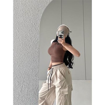 YoungGirlDay純欲辣妹拉鏈翻領緊身顯瘦褶皺收腰短款露臍無袖背心