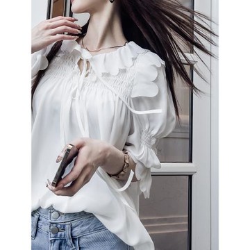 雪紡衫女夏季短袖花瓣娃娃領減齡漂亮洋氣小衫燈籠公主袖雪紡上衣