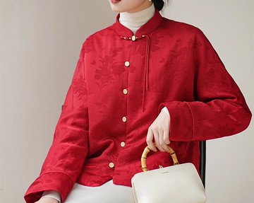 新中式  中國風紅色棉服人絲夾棉上衣新年唐裝外套